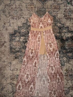 Women's Tan & Mauve Printed Maxi Dress with Spaghetti Straps